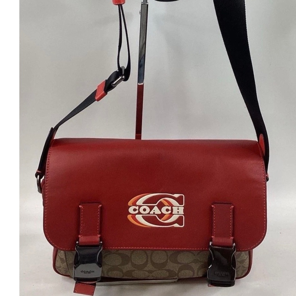 Coach CE873 Track Red Leather/Brown Signature Coated Canvas Crossbody